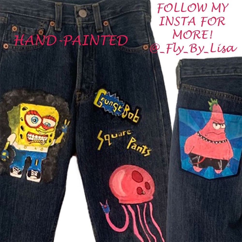 Hand Painted Custom Jeans feature Spongebob as Grungebob